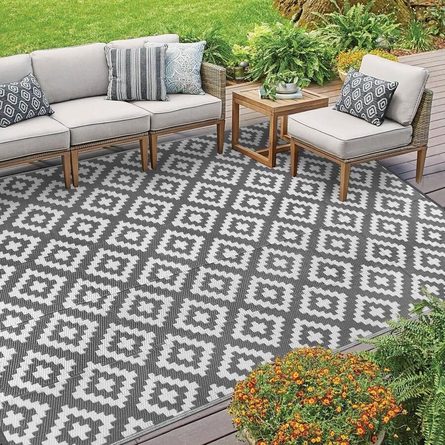 Buitenmat uv- en waterbestendig stro-look omkeerbaar voor terras camping barbecue balkon strand deck 180 x 270 cm