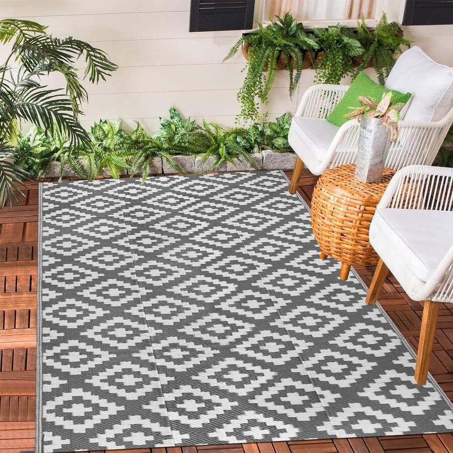 Buitenmat uv- en waterbestendige mat stro-look omkeerbaar voor terras camping barbecue balkon strand deck 120 x 180 cm