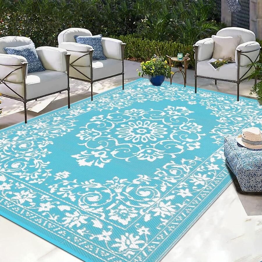 Buitenmat voor patio's waterdicht 150 x 210 cm omkeerbare kunststof rieten mat draagbare opvouwbare picknickmat camper terras tuin strand Enyhom vloerkleed