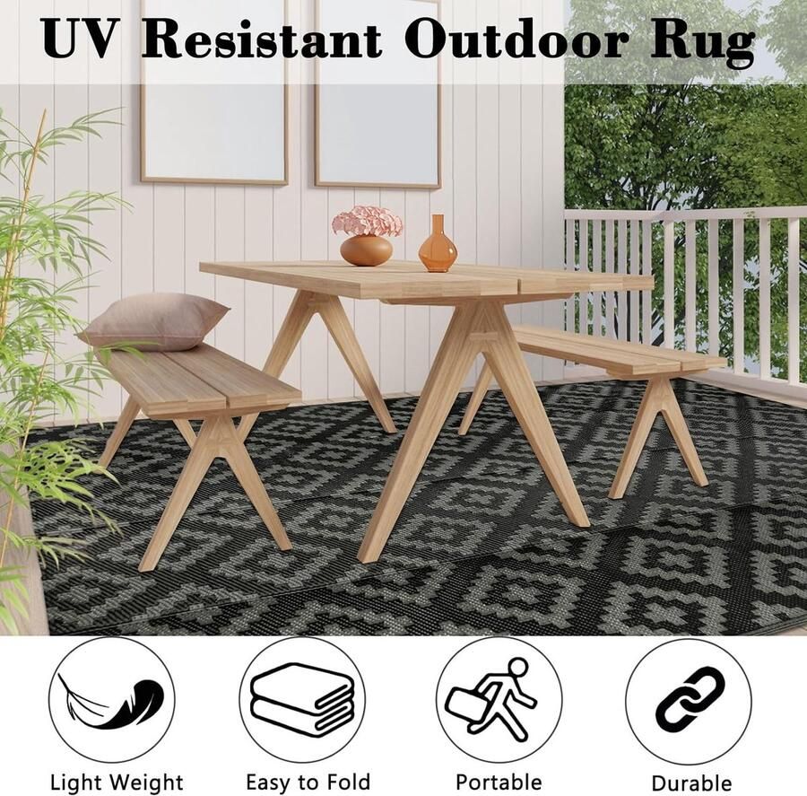Buitentapijt 150 x 245 cm omkeerbare matten plastic strotapijt UV-bestendige campingmat gerecycled buitentapijt voor terras strand BBQ picknick dek balkon (zwart-grijs)