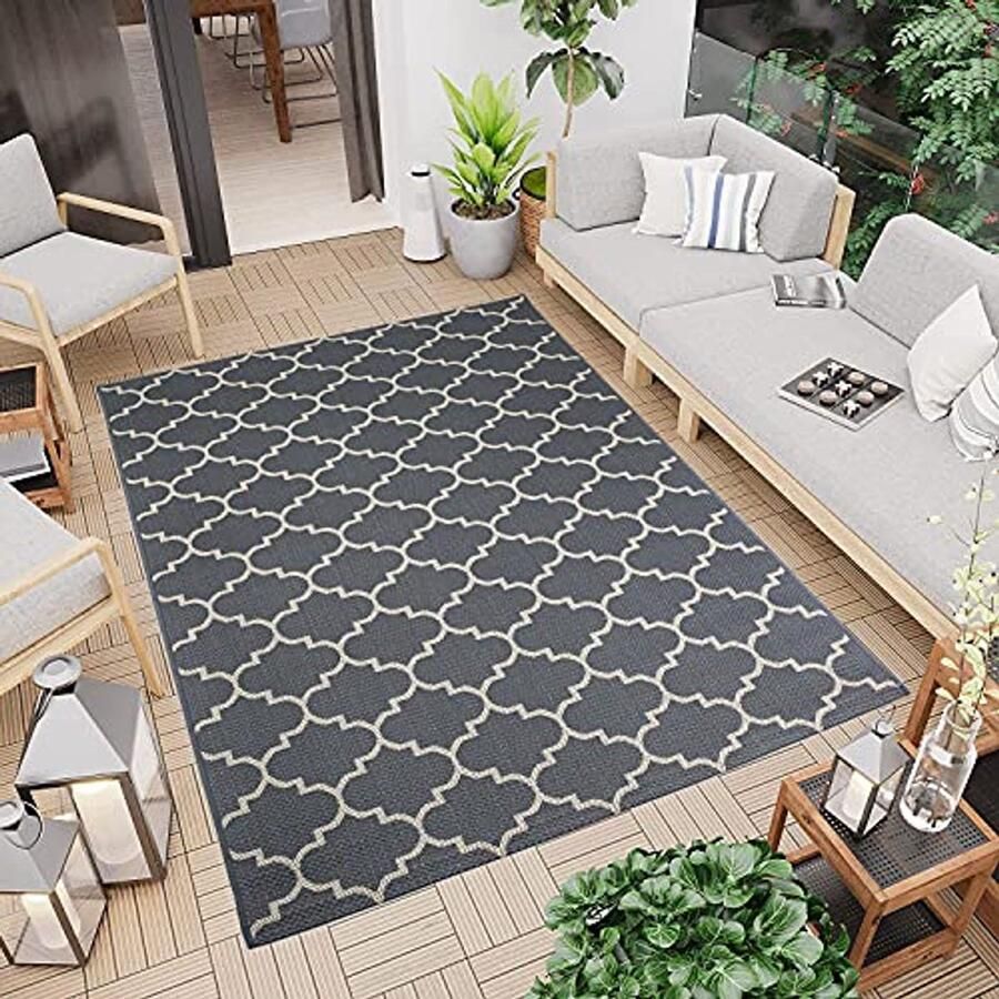 Buitentapijt Plat Geweven 60 x 230 cm Modern Geometrisch Patroon Antraciet voor Terrazzo en Balkon