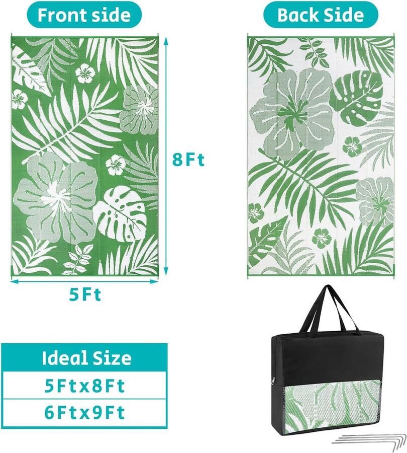 Buitentapijt voor tuin 150 x 240 cm waterdicht terrastapijt omkeerbaar plastic strotapijt tuintapijt UV-bestendig terrastapijt voor achtertuin terras strand picknick veranda (gras en