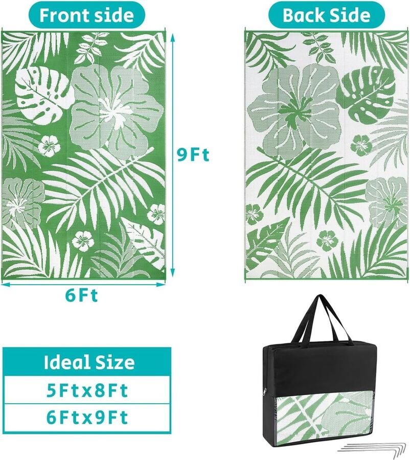 Buitentapijt voor tuin 180 x 270 cm waterdicht terrastapijt omkeerbaar plastic strotapijt tuintapijt UV-bestendig terrastapijt voor achtertuin terras strand picknick veranda (gras en