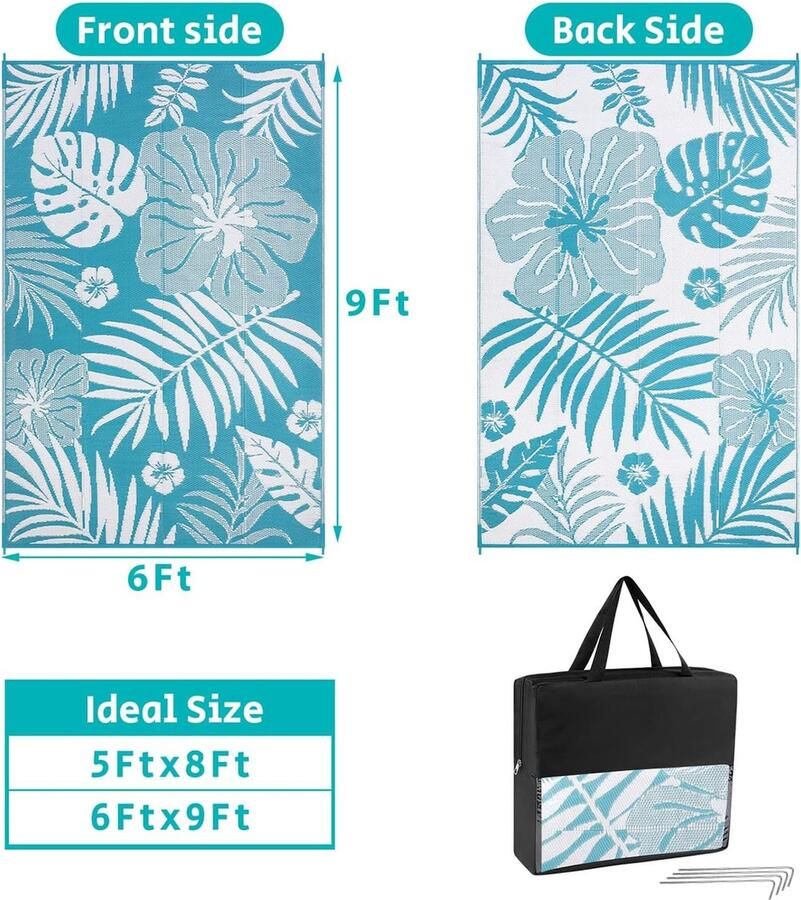 Buitentapijt voor tuin 180 x 270 cm waterdicht terrastapijt omkeerbaar plastic strotapijt tuintapijt UV-bestendig terrastapijt voor achtertuin terras strand picknick veranda (blauw en