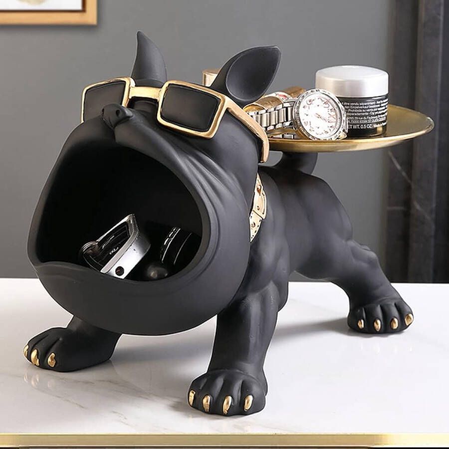 Bulldog dienblad decoratie Franse buldog decoratieve figuur dierensculptuur opbergbank honden sculptuur buldog opbergdoos hars decoratie sculptuur desktop ornament 30x17x20cm (zwart)