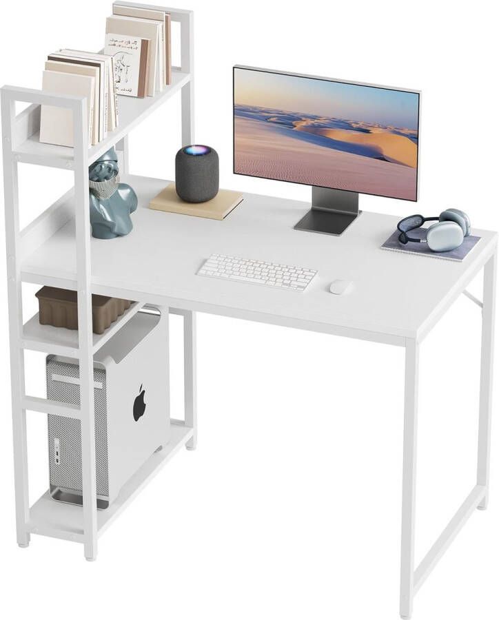 Bureau 100 x 50 cm groot computertafel met plank rechts of links pc-gamingtafel kantoortafel voor kantoor en woonkamer stabiel stalen frame wit wit