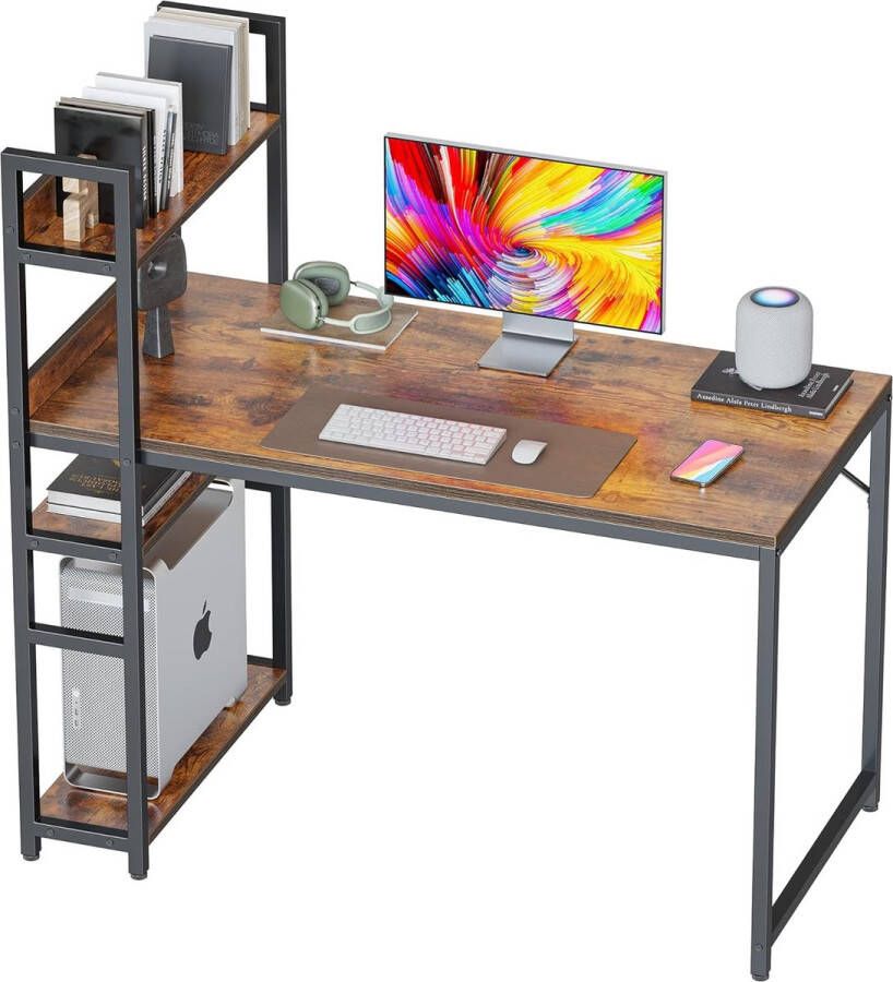 Bureau 100 x 60 cm Grote Computertafel met Plank Rechts of Links PC-Gamingtafel en Kantoortafel voor Kantoor en Woonkamer Stabiel Stalen Frame Bureau in Bruine Uitvoering