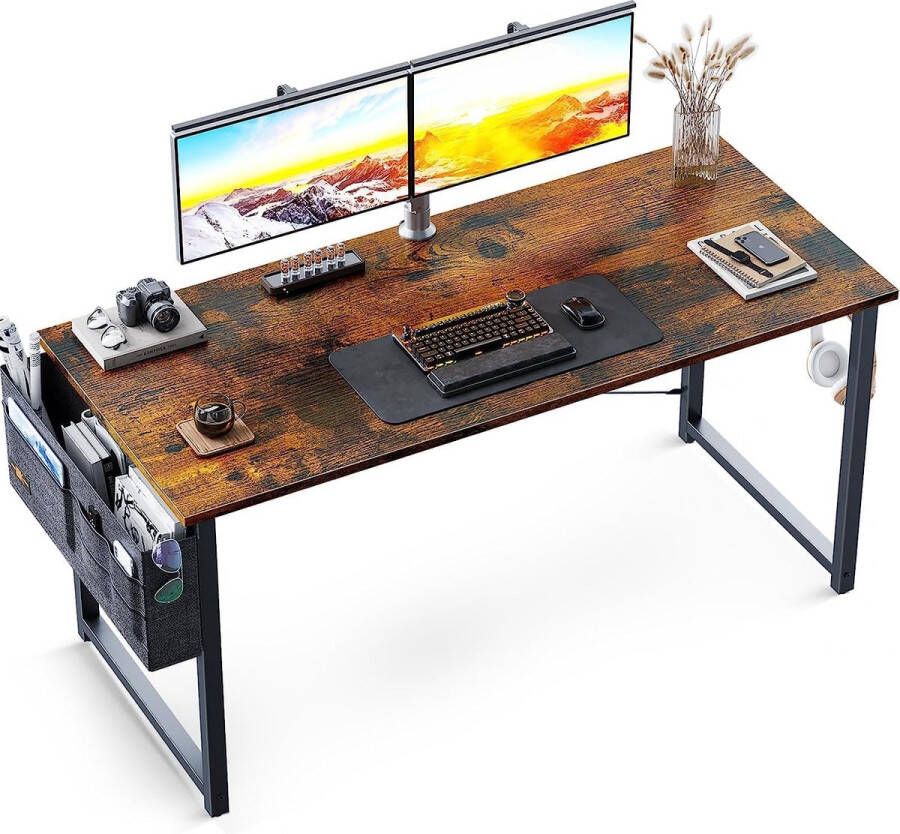 Bureau 120 x 50 x 74 cm Computertafel Kantoorbureau met koptelefoonhouder en opbergzak Kleine tafel Studiekamer Houten PC-tafel Kantoorbureau voor thuis kantoor Bruin