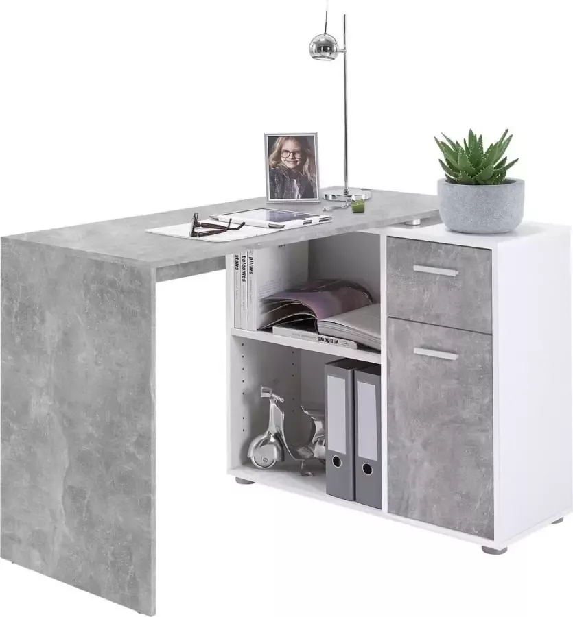 Bureau Atlas Beton Wit 83x117cm Hoekbureau Met opbergruimte Hoogte 74 cm Met lades