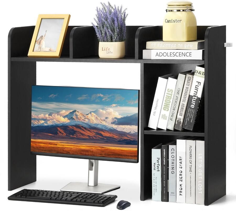 Bureau Boekenkast 2-Tier 94 X 24 X 73 Cm Opberg Organizer Houten Display Plank met Anti-Slip Voeten voor Kantoor Thuis en Slaapzaal Zwarte