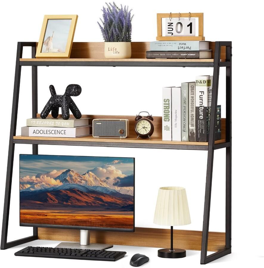 Bureau Boekenkast 2-Tier Bureau Opslag Organisator met Afmetingen van 95 X 32 X 90 Cm is Het een Houten Displayplank met Antislipvoetjes