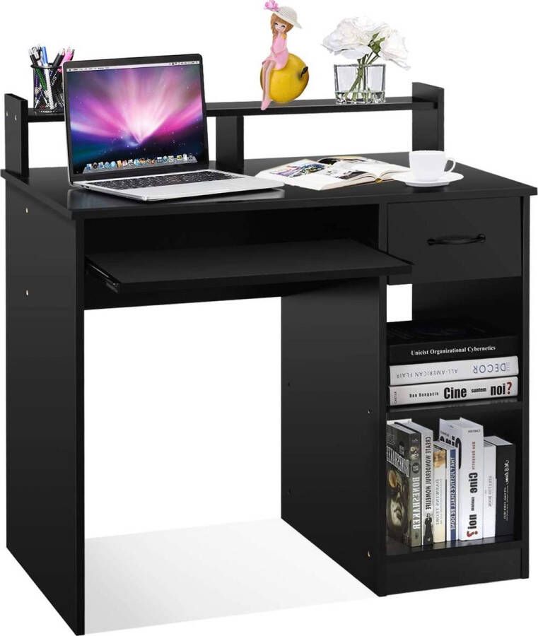 bureau computer bureau smalle kantoortafel schrijfbureau met opslag lade planken en uittrekbare toetsenbord lade thuis kantoormeubilair studeer werkplek 90 x 48 x 91 5cm (Wit)