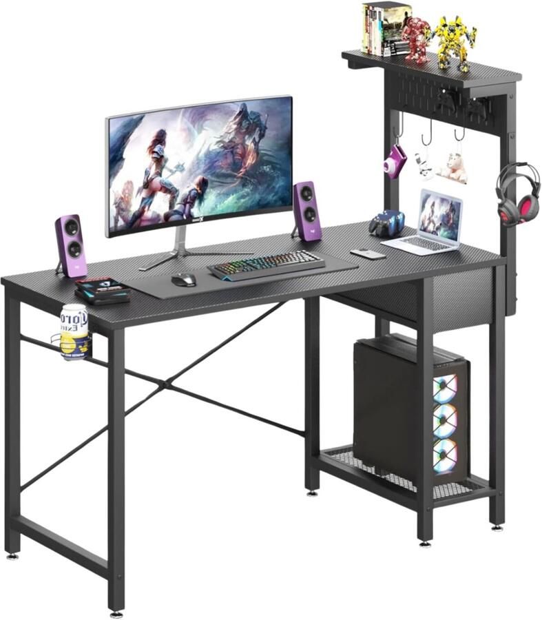 Bureau- Computerbureau -omkeerbaar computer bureau-met bekerhouder-hoofdtelefoonhaak en 3 S-haken-zwart