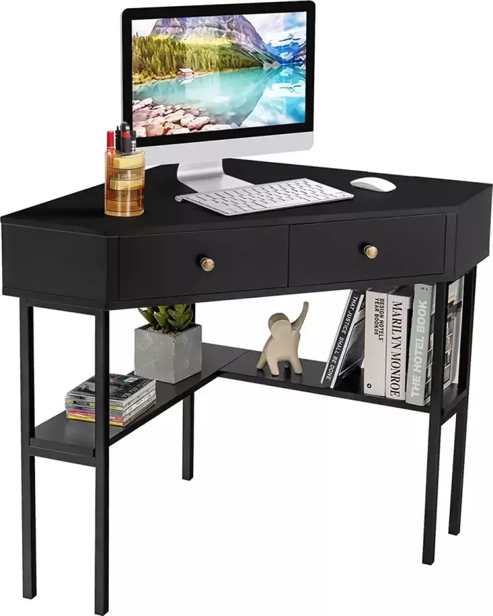 Bureau Computertafel hoekbureau met 2 grote laden bureautafel voor kleine ruimtes hoektafel bureau werktafel (zwart)
