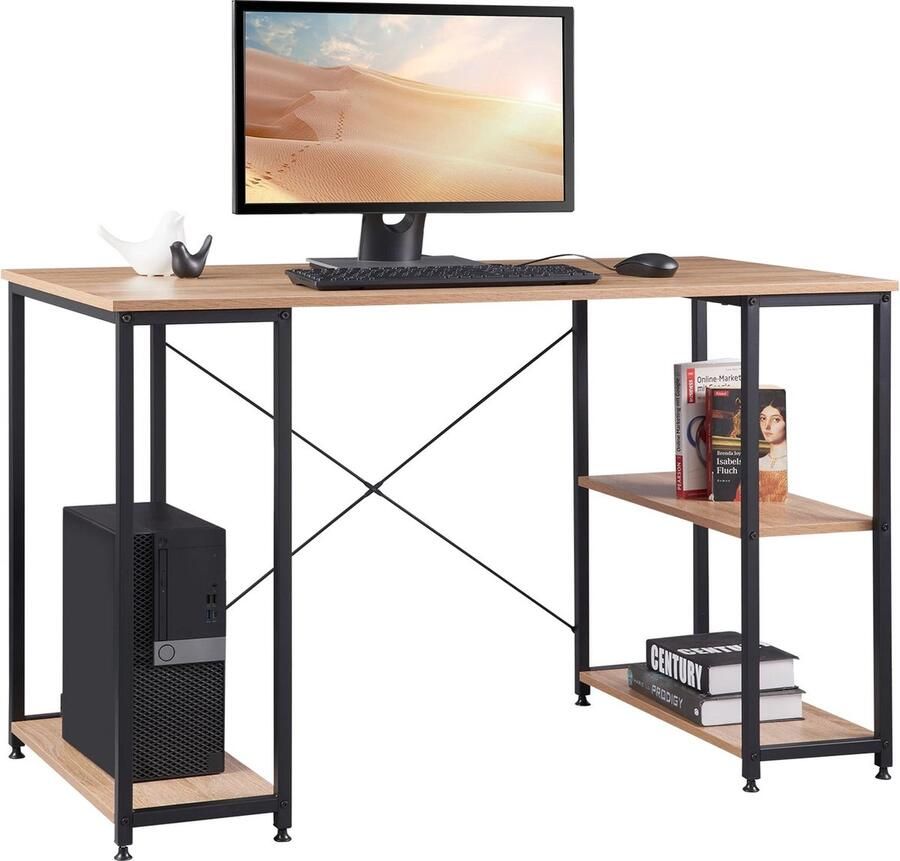 Bloominggoods Bureau Computertafel Kantoortafel Gamebureau 120X60X75 Cm Licht Eiken 3 Opbergvakken
