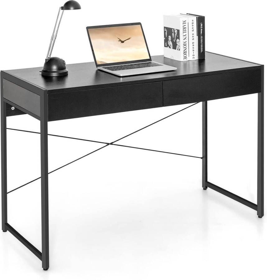 Bureau computertafel met 2 laden kleine bureautafel metaal industrieel design pc-tafel voor werkkamer thuiskantoor 112 x 48 x 76 cm (zwart)