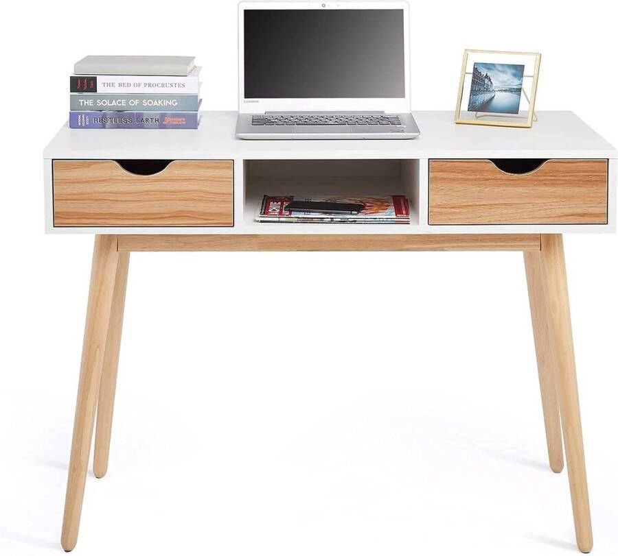 Bureau computertafel met 2 schuifladen 1 opbergunit Scandinavische stijl voor werkkamer kantoor en slaapkamer 100 x 48 x 75 cm wit en eiken