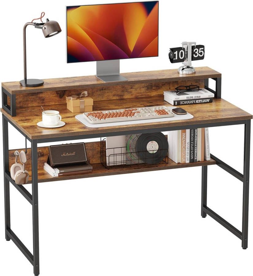 Bureau computertafel met opbergrek en boekenkast 120 x 60 x 88 cm klein pc-gamingtafel bureau voor kantoor en woonkamer industrieel design stabiel stalen frame bruin