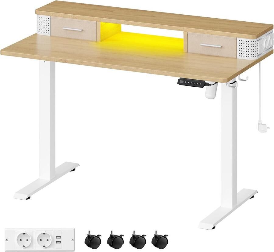Bureau – Elektrisch bureau – In hoogte verstelbaar – Met stopcontact en 2 lades – 60x120cm – Licht Bruin