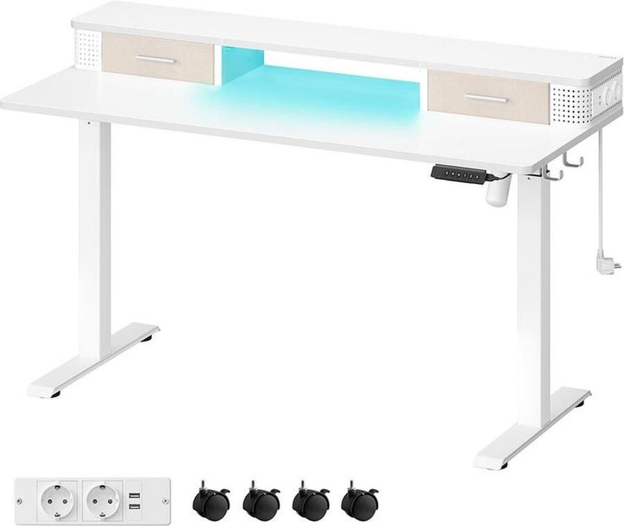 Bureau – Elektrisch bureau – In hoogte verstelbaar – Met stopcontact en 2 lades – 60x140cm – Wit