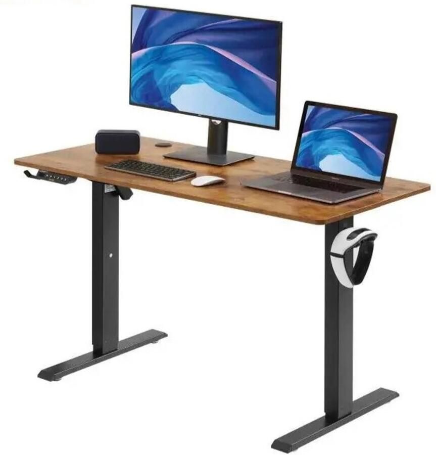 Bureau Elektrisch Verstelbaar Zit of Sta Bureau 140x70 cm Hoogte Verstelbaar Massief Hout Zwart Bruin