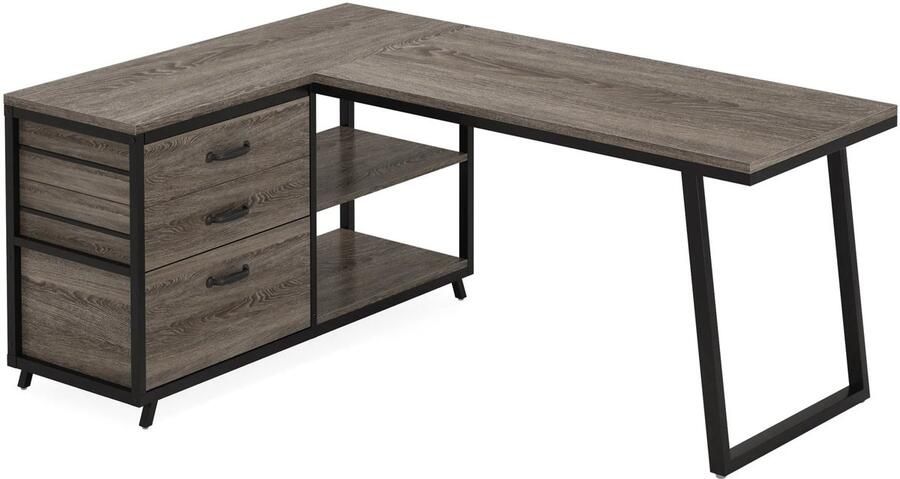 Corenia Bureau Game Bureau L-Vormig Bureau Hoekbureau 3 Lades 53 Inch Gaming Bureau Reversibel Ontwerp Computertafel Industrieel Kantoormeubilair Grijze Afwerking