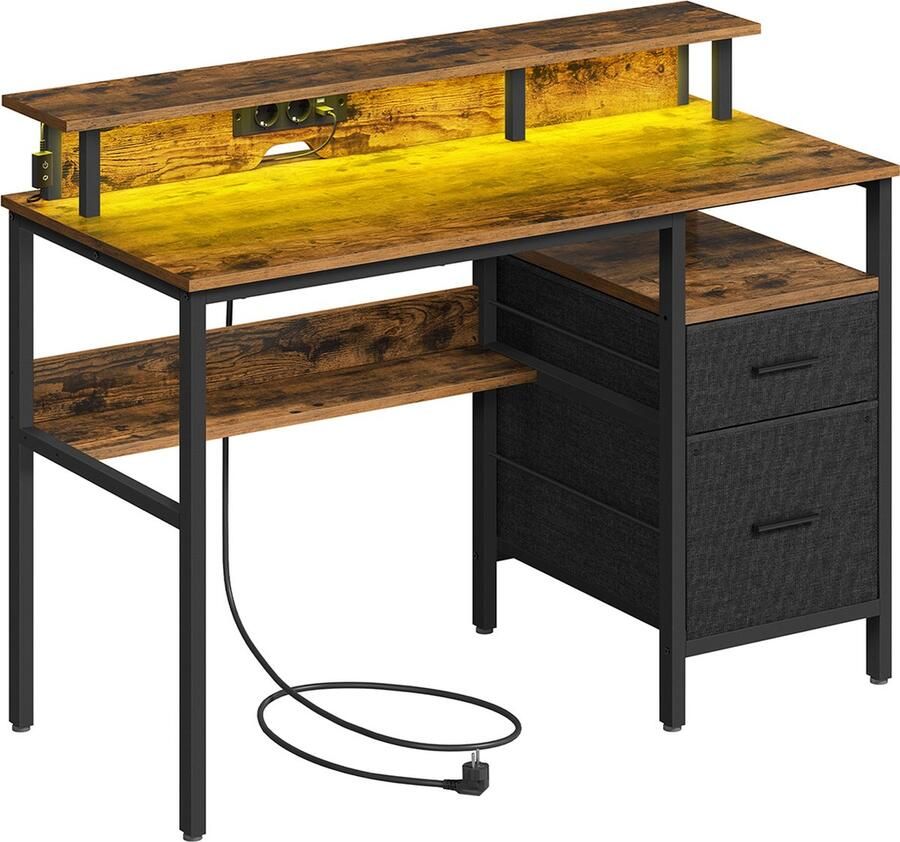 Bureau – Gamingbureau met LED-verlichting en stekkerdoos computerbureau met monitorstandaard tafel met opbergruimte 2 stoffen lades 2 USB-poorten voor bureau rustiek bruin