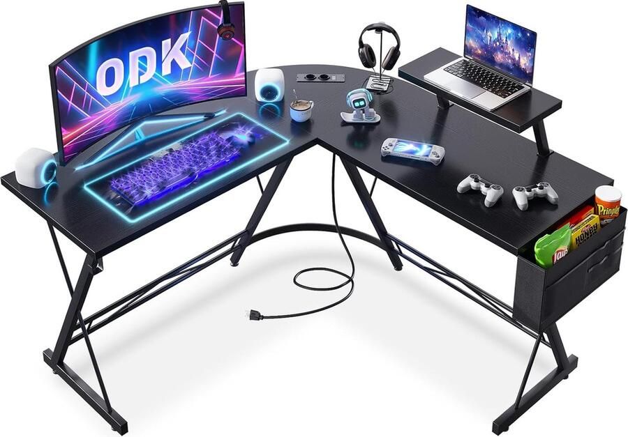 Bureau hoekbureau gamingbureau L-vorm bureautafel werktafel krasbestendig met afneembaar monitorrek (zwart met stroomtoevoer 127 x 127 cm)