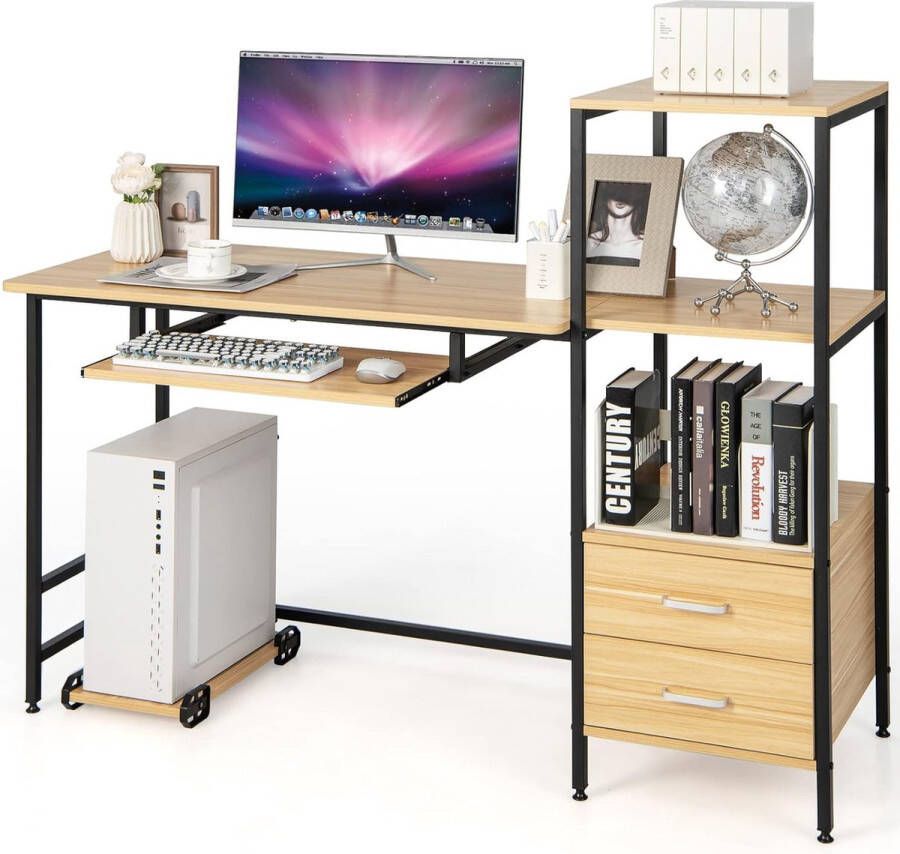 Bureau hout computertafel met 2 laden toetsenbordlade en beweegbare CPU-standaard pc-tafel met planken en verstelbare voetkussens voor woonkamer en kantoor 141 x 51 x 112 cm (natuur)