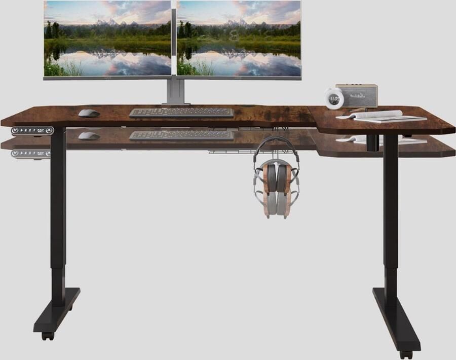 Bureau in Hoogte Verstelbaar Elektrisch 150 cm L Vorm Zit en Sta Bureau Met 4 Geheugenbediening Bruine Splitplaat in Hoogte Verstelbaar Bureauframe