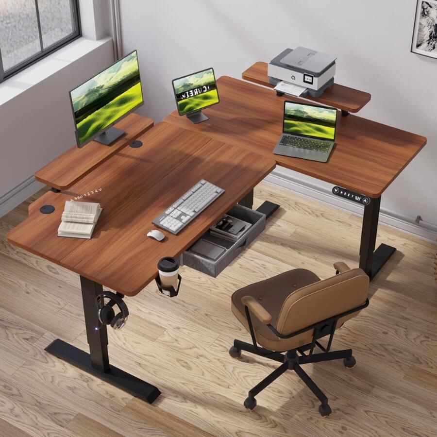 Bureau in Hoogte Verstelbaar Elektrisch L Vorm Staand Bureau Links en Rechts Verwisselbaar 160 x 76 cm Staand Bureau Hoekbureau Bruin