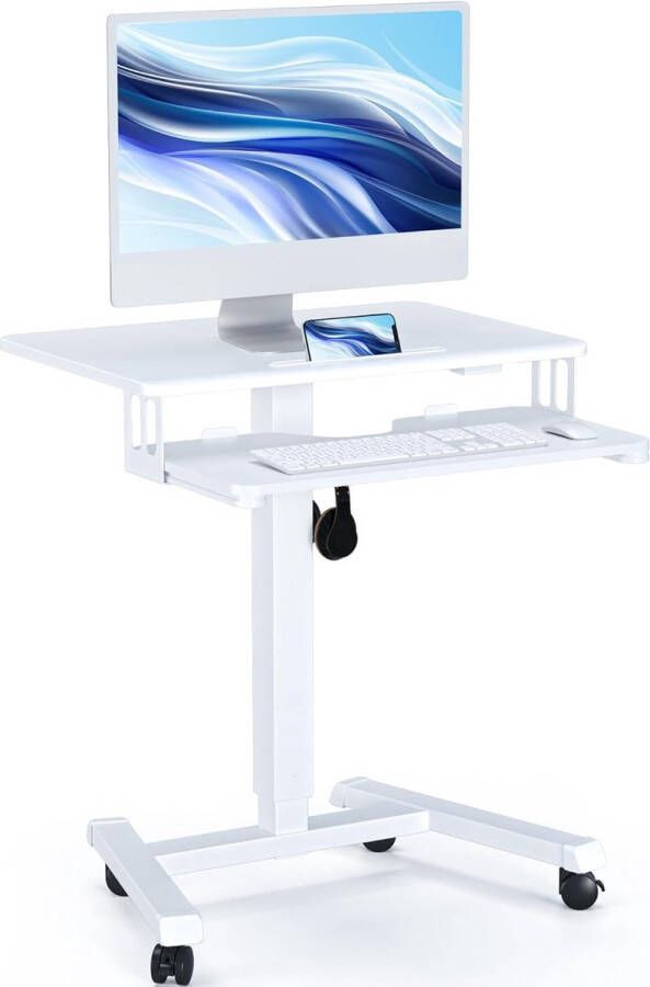 Bureau in hoogte verstelbaar met toetsenbordplank verrijdbaar podium computerwerkplek tot 15 kg laptop zit- of sta-bureau op wielen in hoogte verstelbare statafel wit