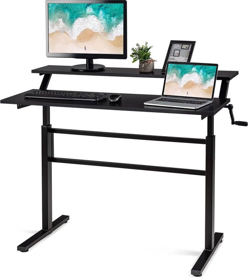 Bureau in hoogte verstelbaar statafel met monitorrek zit-sta-bureau ergonomisch werktafel met handslinger computertafel voor werkkamer thuis (zwart)