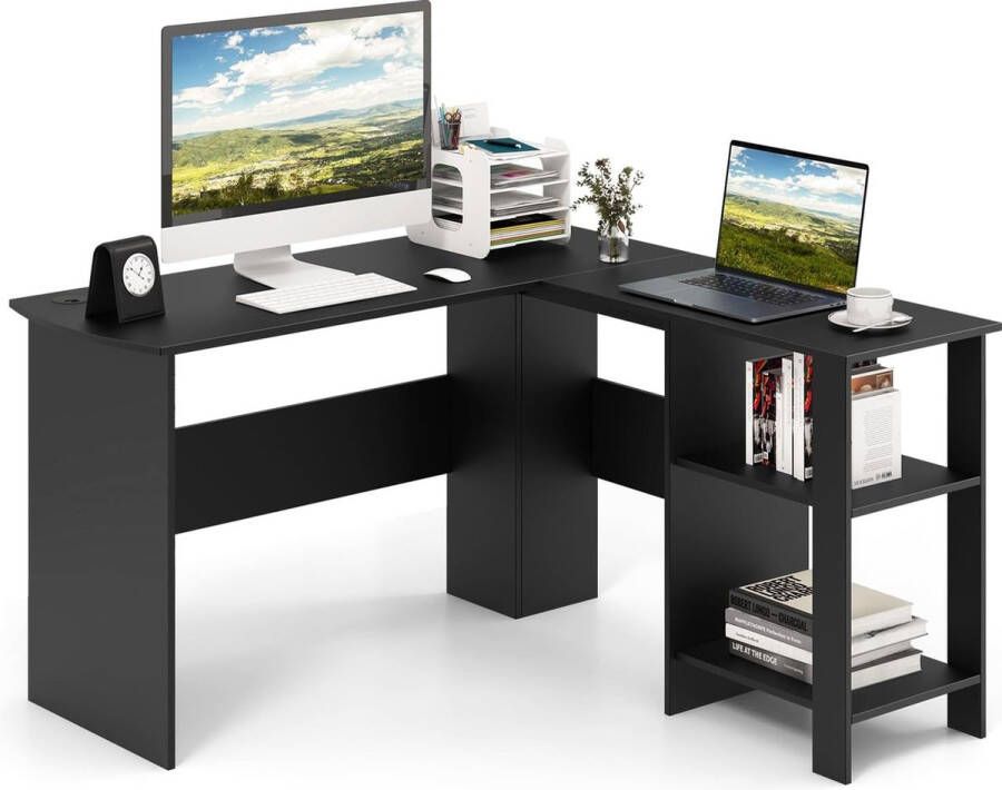 Bureau L-vorm hoekbureau met 2 kabeldaten en opbergvakken hoektafel computertafel kantoortafel voor thuis of op kantoor 130 x 130 x 74 cm (zwart)