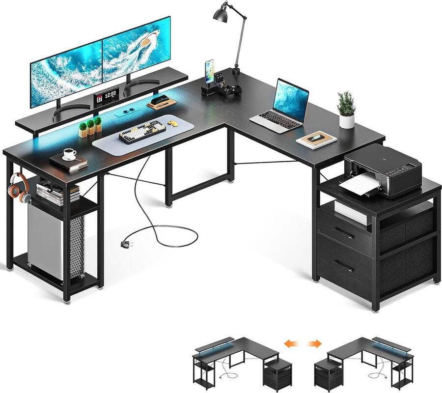 Bureau L-vorm met opbergkast Hoekbureau met USB-oplaadpoort 1 stuk Zwart 165 5 x 148 cm