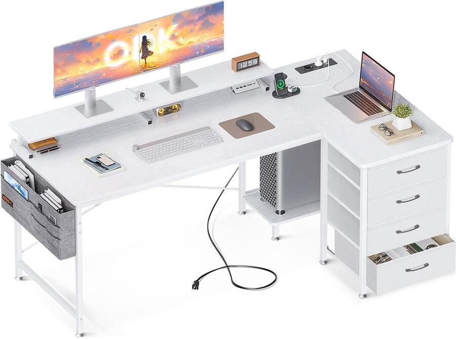 Bureau L Vorm met Opbergruimte 2 USB Oplaadpoorten & 2 Stopcontacten Tafel Hoekbureau 160x80x84.7 cm Wit