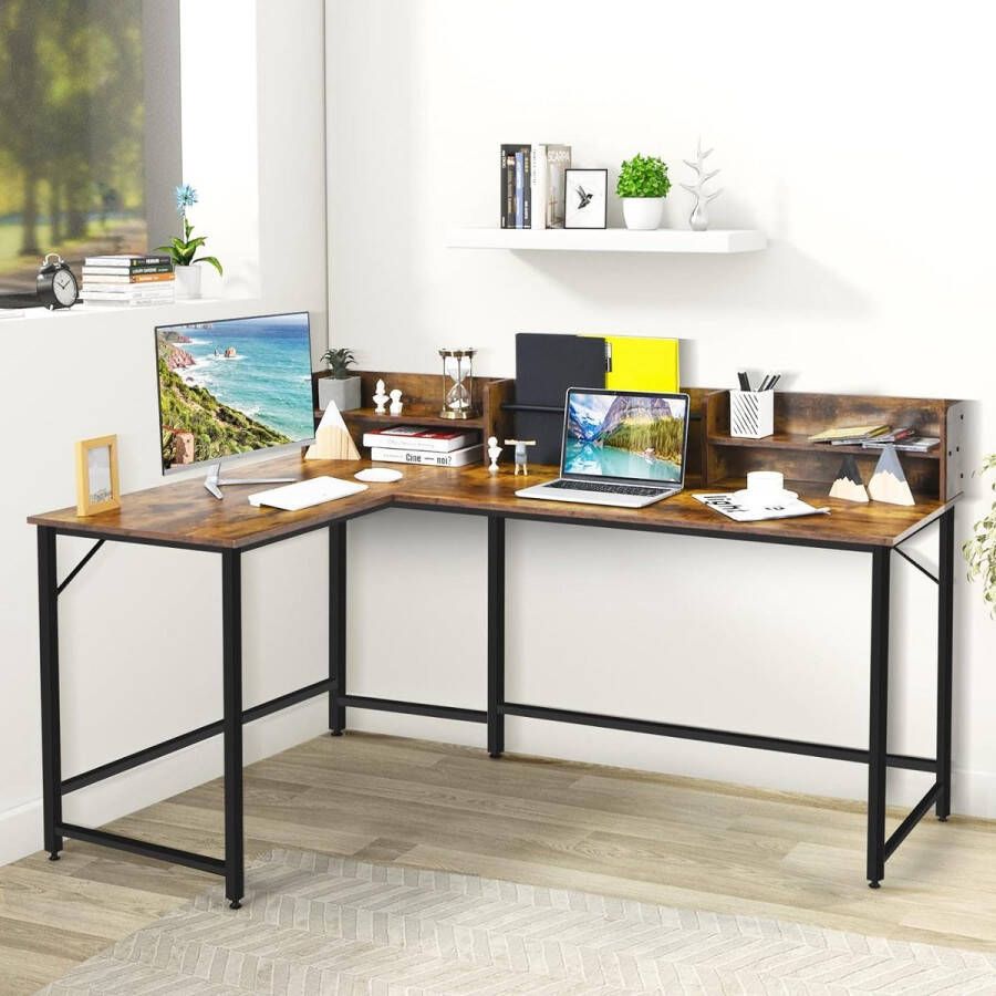 Bureau L-vorm werktafel met planken en archiefkast hoekbureau voor thuis en kantoor pc-tafel met planken computertafel bureautafel hoektafel 166 x 110 x 96 cm (bruin)