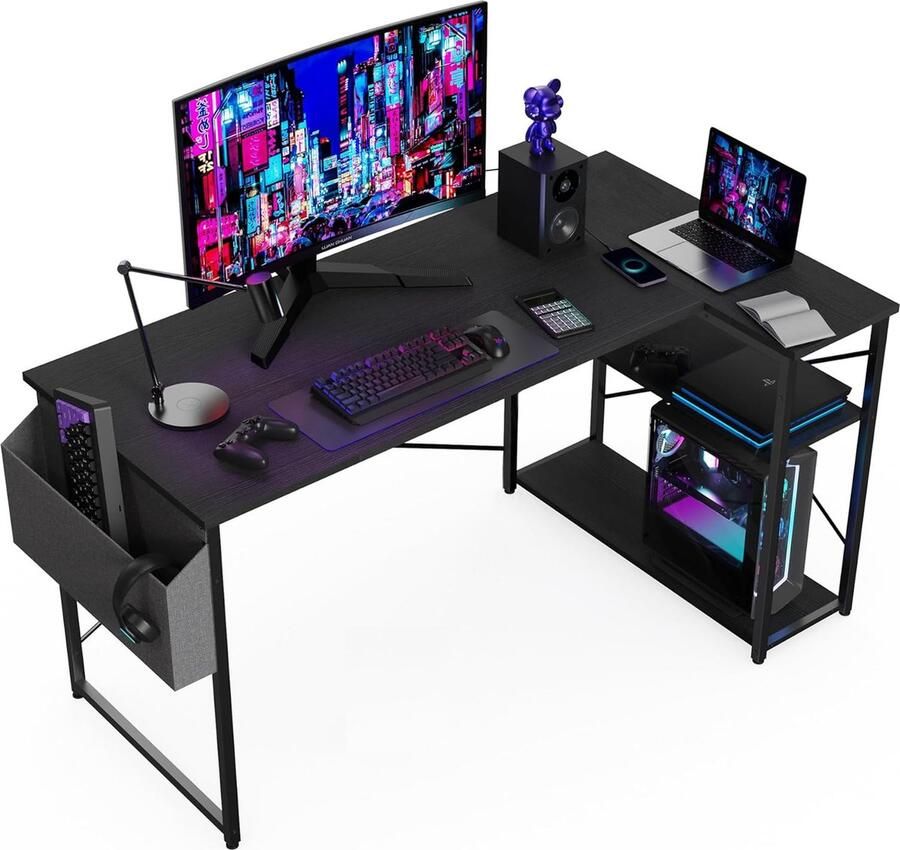 Bureau L Vormig Waterproof & Krasbestendig Gamebureau 100x70 cm Gaming Desk met Verstelbare Voetkussentjes Game Tafel met Opbergzak Incl. Opbergplanken