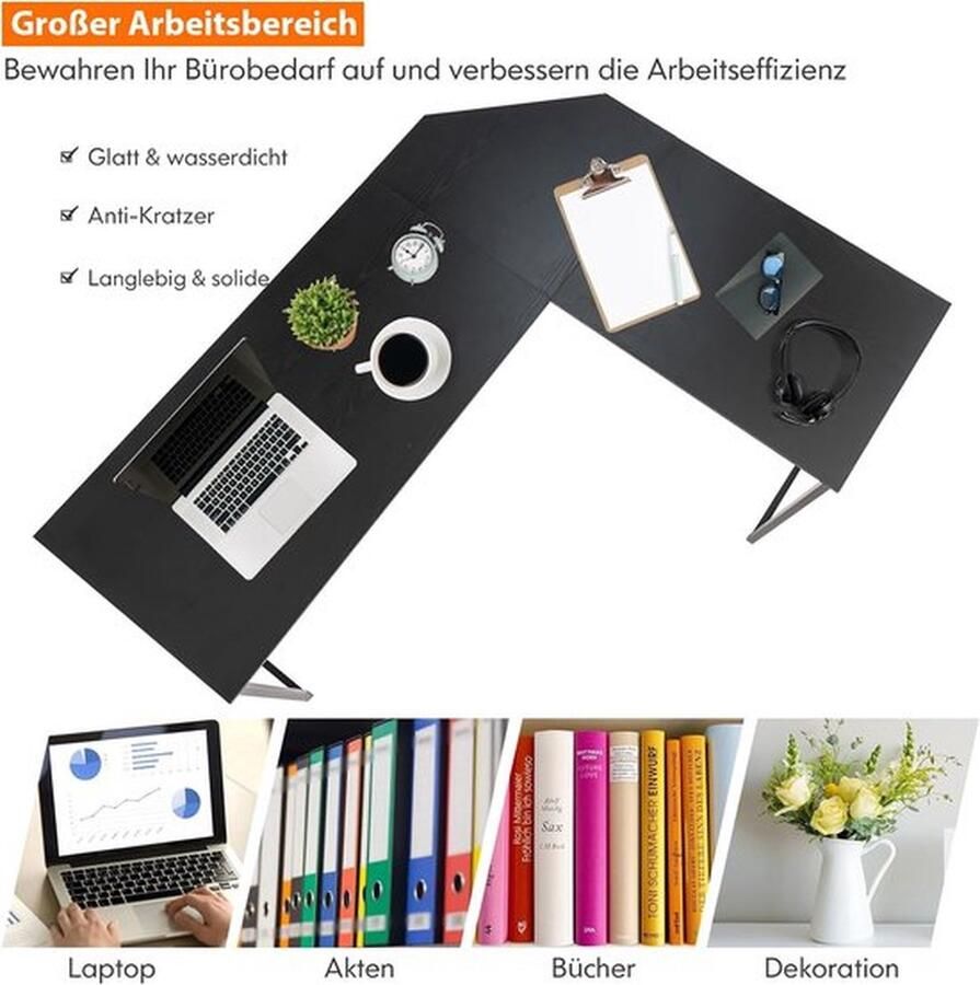 Bureau L-vormige computertafel gamingtafel met ronde hoek moderne hoektafel voor werk en gaming 148 x 120 x 75 cm (zwart)