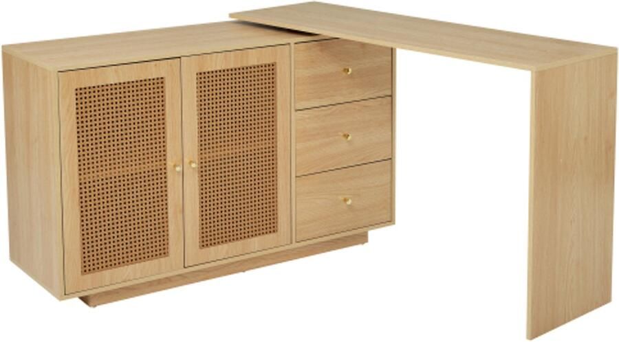 GOTAGEE Bureau L-vormige hoektafel computertafel met rotandeuren kaptafel slaapkamertafel met opbergvak natuurlijke kleuren 126cm
