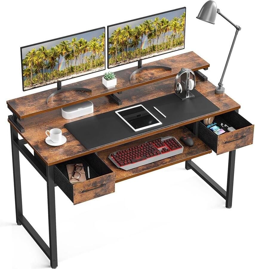 Bureau met 2 laden en toetsenbordlade Bureautafel met monitorplank In hoogte verstelbaar 120 x 48 x 87 cm Rustiek bruin Gamingtafel voor thuiskantoor