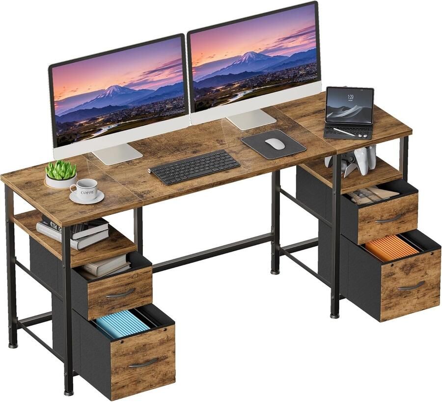 Bureau met 4 stoffen laden 160 x 48 cm opbergruimte computertafel bureautafel computerbureau gamingtafel werktafel pc-studie vergadertafel industrieel hout