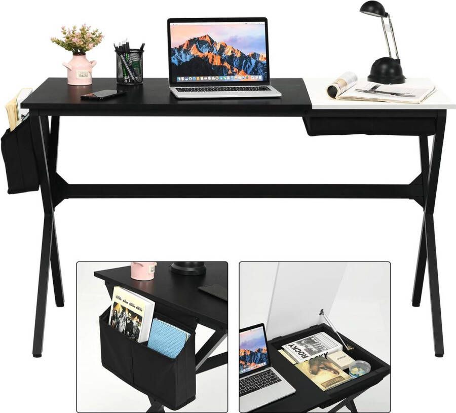 Bureau met inklapbaar tafelblad computertafel met zijvak en metalen frame werktafel pc-tafel modern van hout voor werkkamer slaapkamer 120 x 60 x 73 5 cm