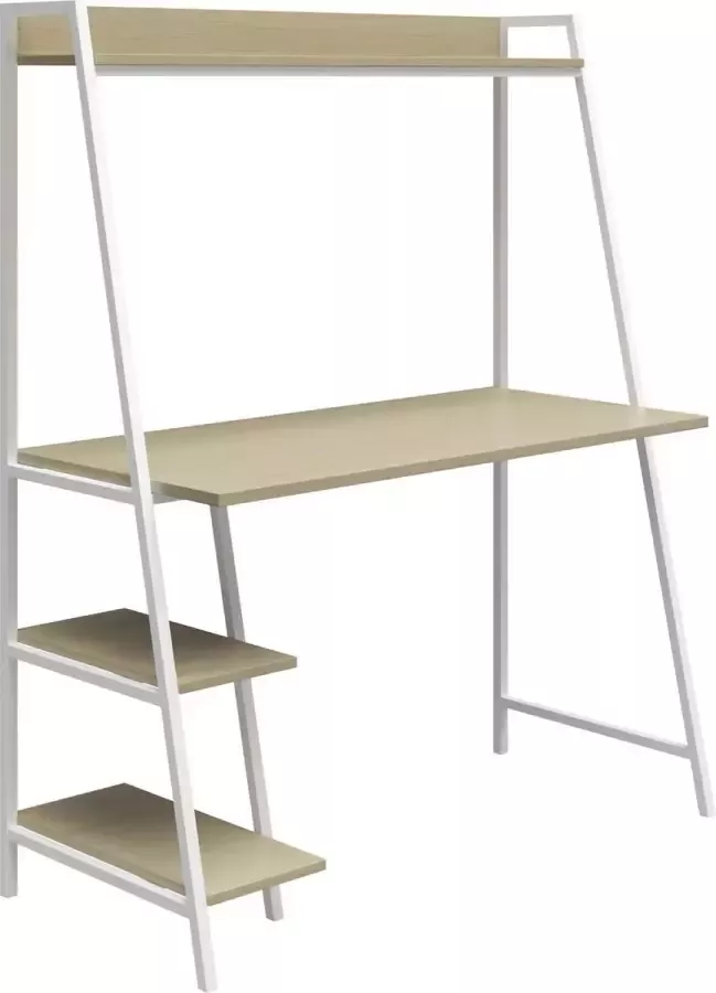 Bureau met ladders in licht eiken gelamineerd spaanplaat en frame in wit metaal