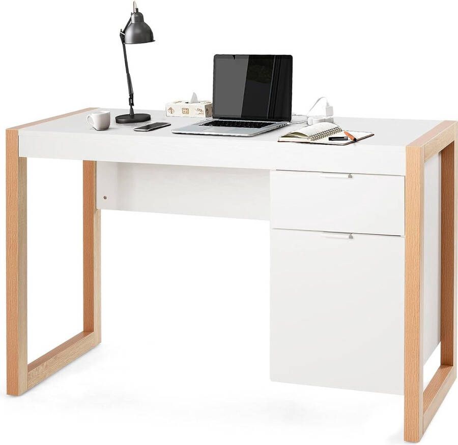 Bureau met lade en kast kleine computertafel van hout pc-tafel bureautafel voor kantoor en werkkamer wit 112 x 50 x 75 cm