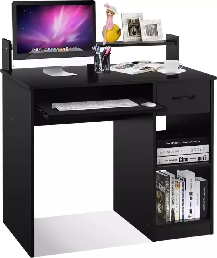 Bureau met lade toetsenbordlade plank en open vakken ruimtebesparende computertafel pc-tafel bureautafel werktafel 90 x 48 x 91 5 cm (zwart)