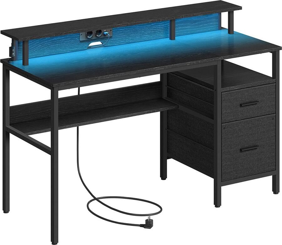 Bureau met lades computerbureau met monitorstandaard LED-verlichting 55 x 135 x 90 cm ingebouwde stopcontacten 2 USB-poorten voor thuiskantoor ebbenhout