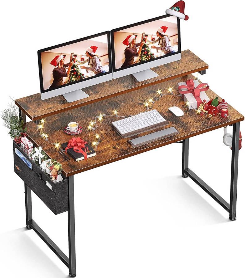 Bureau met monitorstandaard in hoogte verstelbaar computertafel met opbergtas pc-tafel met hoofdtelefoonhouder kleine bureautafel voor thuiskantoor (100 x 50 x 74 cm bruin)