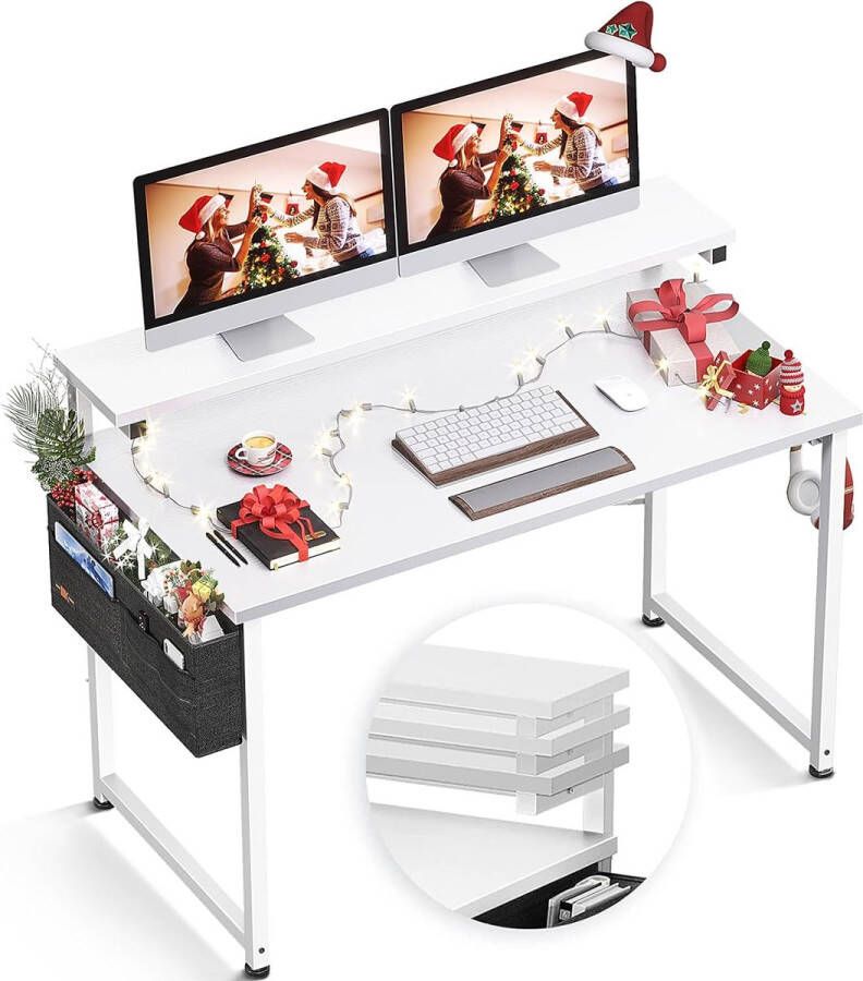Bureau met monitorstandaard in hoogte verstelbaar computertafel met opbergtas pc-tafel met koptelefoonhouder kleine bureautafel voor thuiskantoor (100 x 50 x 74 cm wit)