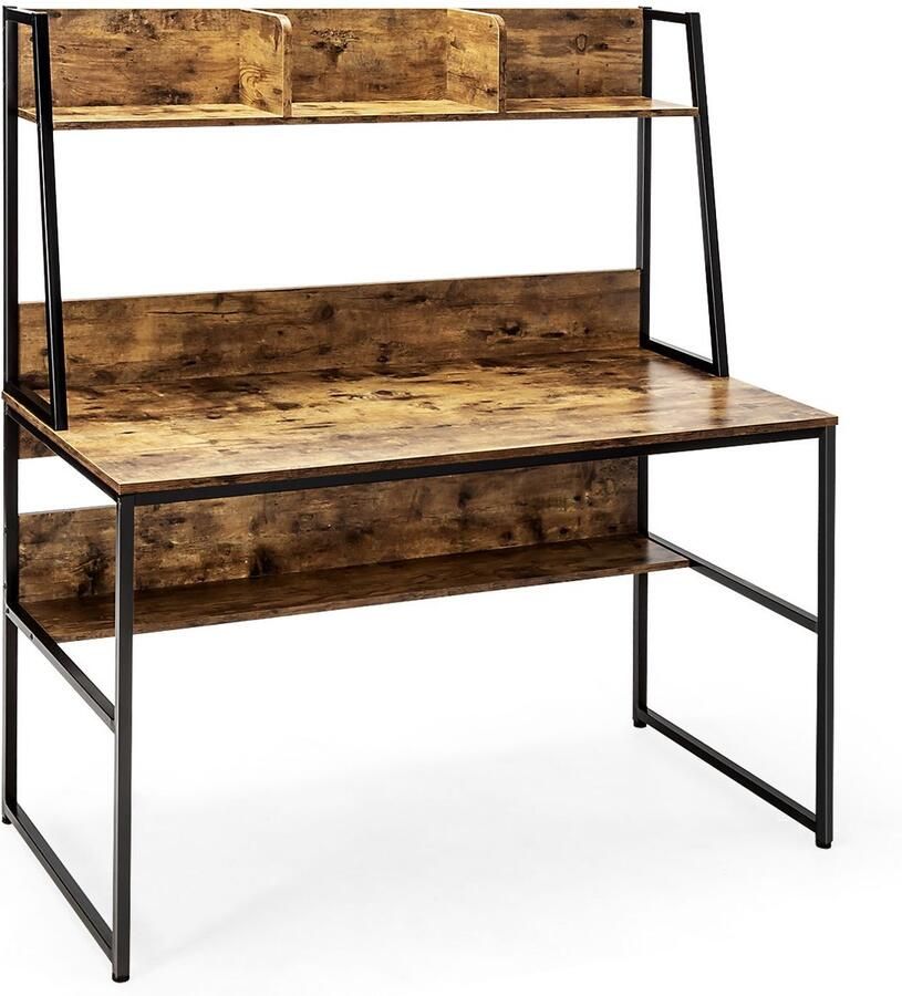 Bureau met nis en geïntegreerde boekenkast – 120 cm studeertafel ruimtebesparend laptopbureau – Koffie Naturel